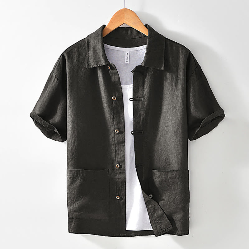 Buddha Stones Camisa de lino para hombre, de verano, de manga corta, con botones y bolsillos - Gris oscuro - US/UK/AU42, EU52 (3XL) - image 21