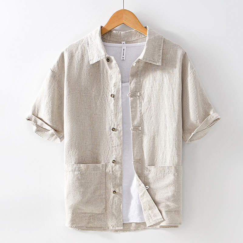 Buddha Stones Camisa de lino para hombre, de verano, de manga corta, con botones y bolsillos - Lino - US/UK/AU42, EU52 (3XL) - image 1