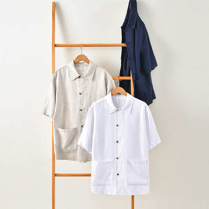 Buddha Stones Camisa de lino para hombre, de verano, de manga corta, con botones y bolsillos - image 9