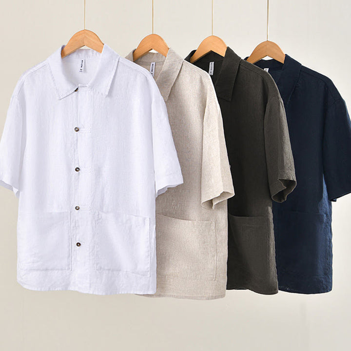 Buddha Stones Camisa de lino para hombre, de verano, de manga corta, con botones y bolsillos - image 1