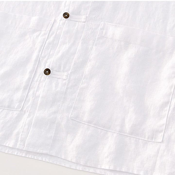 Buddha Stones Camisa de lino para hombre, de verano, de manga corta, con botones y bolsillos - image 12