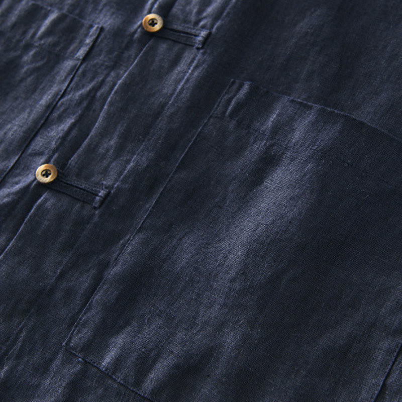 Buddha Stones Camisa de lino para hombre, de verano, de manga corta, con botones y bolsillos - image 19