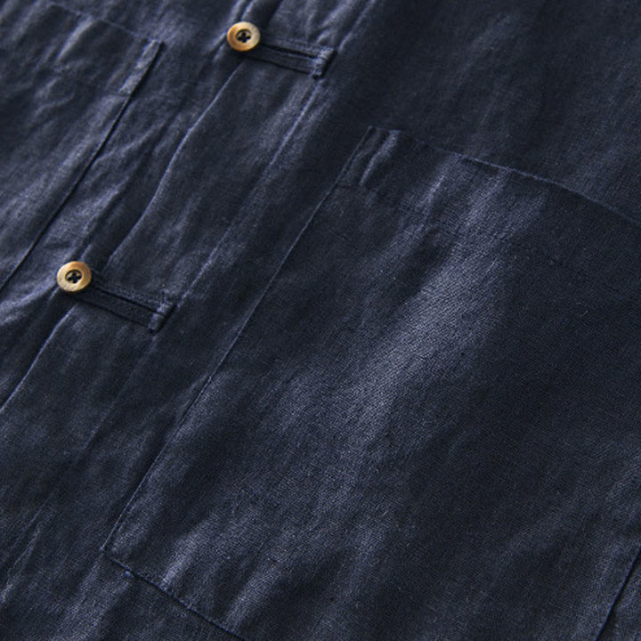 Buddha Stones Camisa de lino para hombre, de verano, de manga corta, con botones y bolsillos - image 19