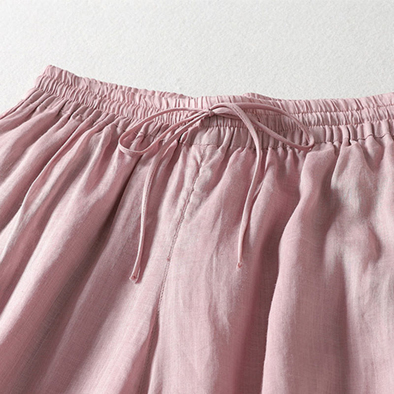 Pantalones anchos hasta el tobillo de algodón y lino con cordón ajustable para mujer, estilo casual Buddha Stones, con bolsillos - image 1