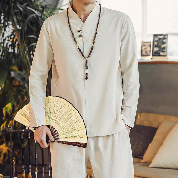 Conjunto de 2 piezas de camisa de algodón con Buddha Stones y pantalones hasta los tobillos con bolsillos para hombre. - image 8