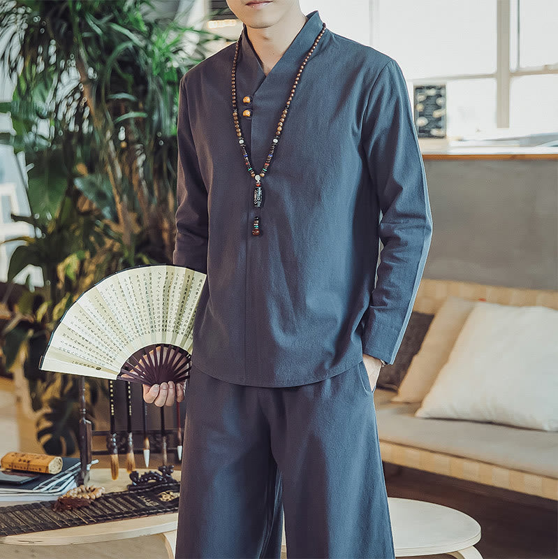 Conjunto de 2 piezas de camisa de algodón con Buddha Stones y pantalones hasta los tobillos con bolsillos para hombre. - image 42