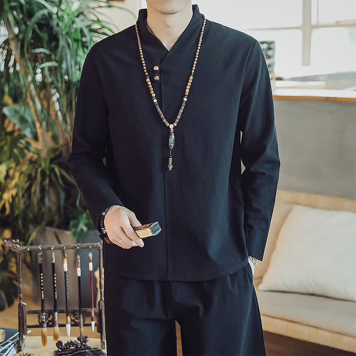 Conjunto de 2 piezas de camisa de algodón con Buddha Stones y pantalones hasta los tobillos con bolsillos para hombre. - image 13