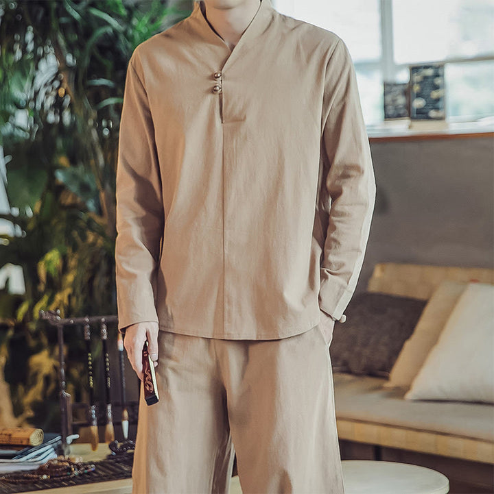 Conjunto de 2 piezas de camisa de algodón con Buddha Stones y pantalones hasta los tobillos con bolsillos para hombre. - image 29