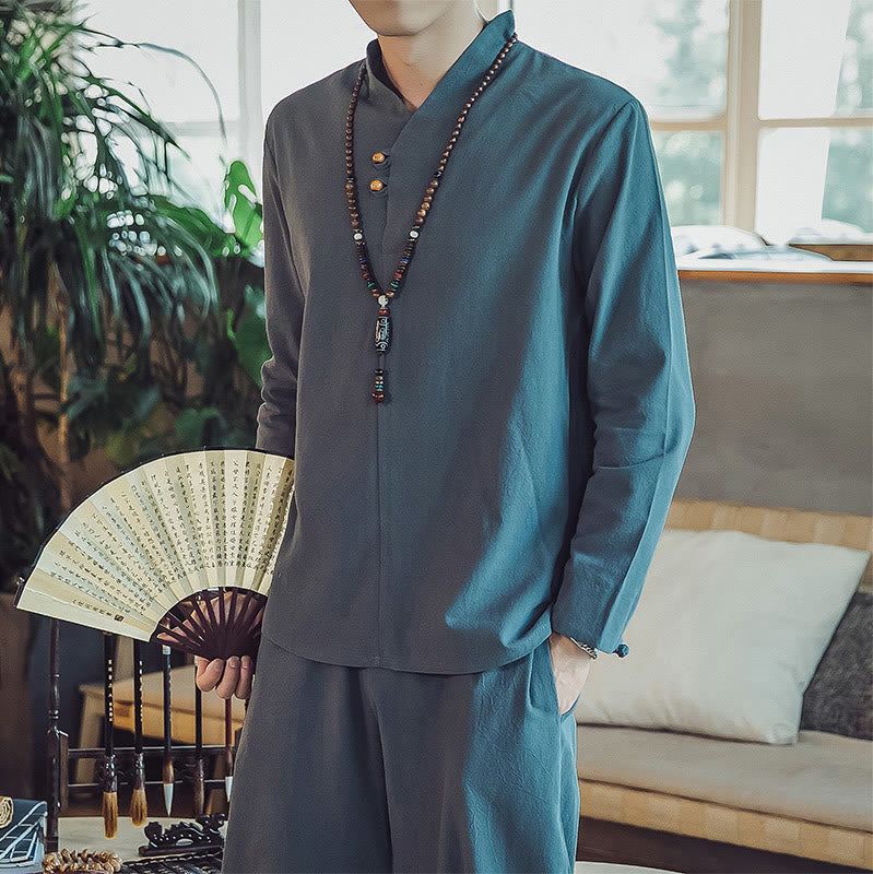 Conjunto de 2 piezas de camisa de algodón con Buddha Stones y pantalones hasta los tobillos con bolsillos para hombre. - image 25
