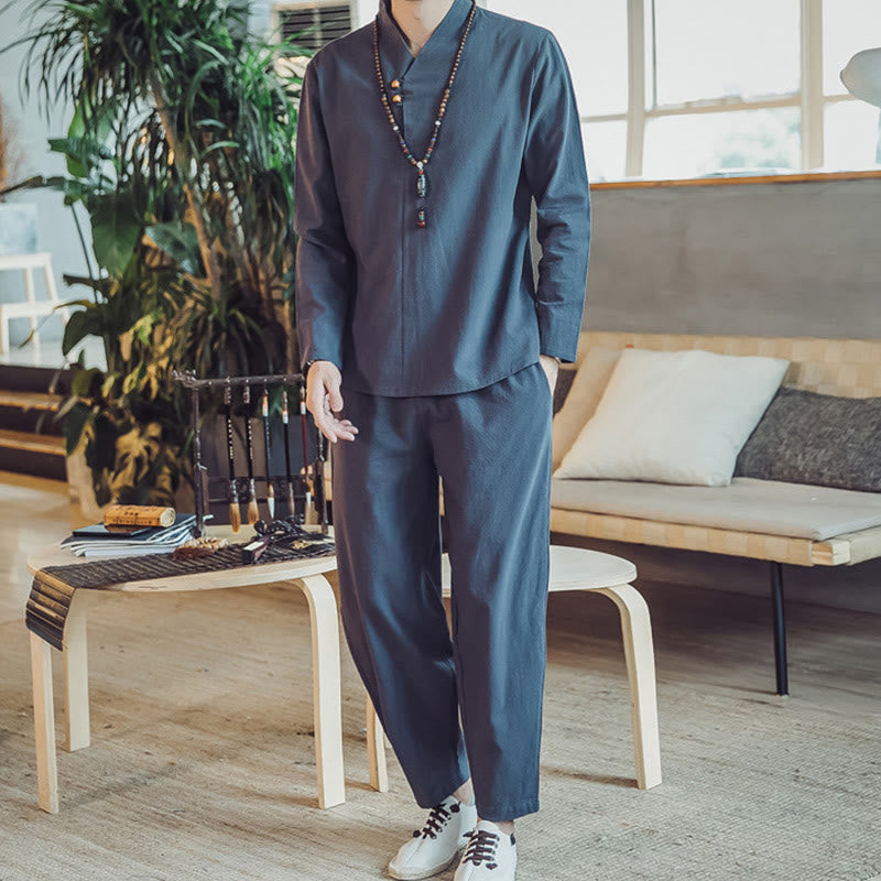 Conjunto de 2 piezas de camisa de algodón con Buddha Stones y pantalones hasta los tobillos con bolsillos para hombre. - Azul acero - US/UK/AU46, EU56 (5XL) - image 35