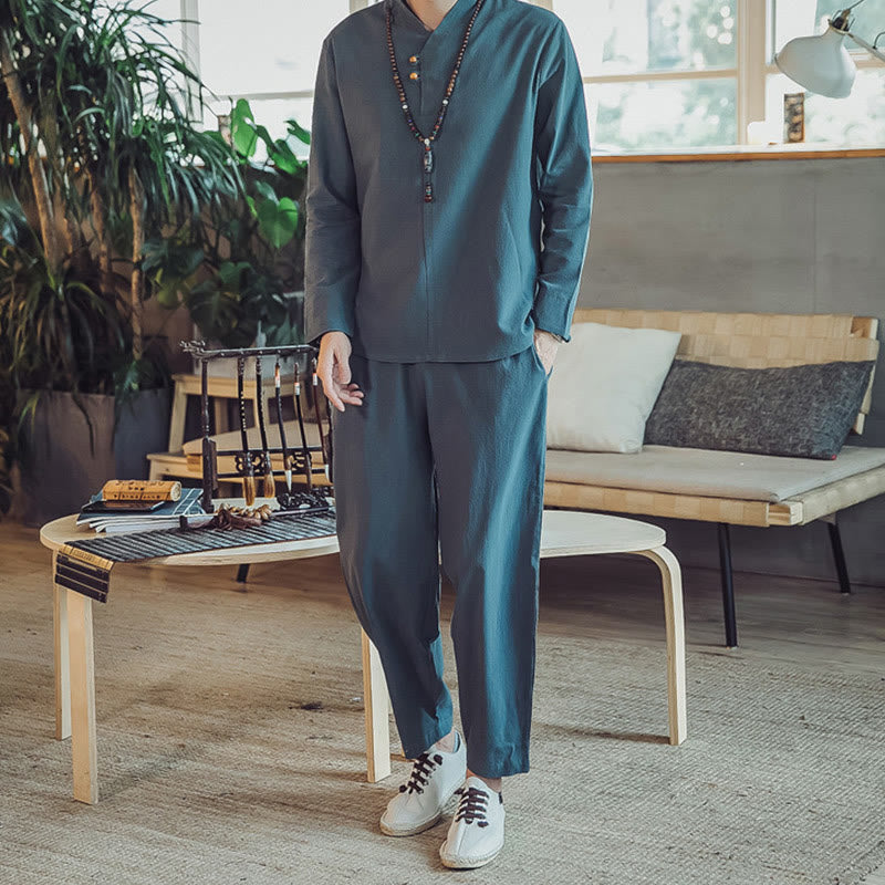 Conjunto de 2 piezas de camisa de algodón con Buddha Stones y pantalones hasta los tobillos con bolsillos para hombre. - Verde azulado - US/UK/AU46, EU56 (5XL) - image 19
