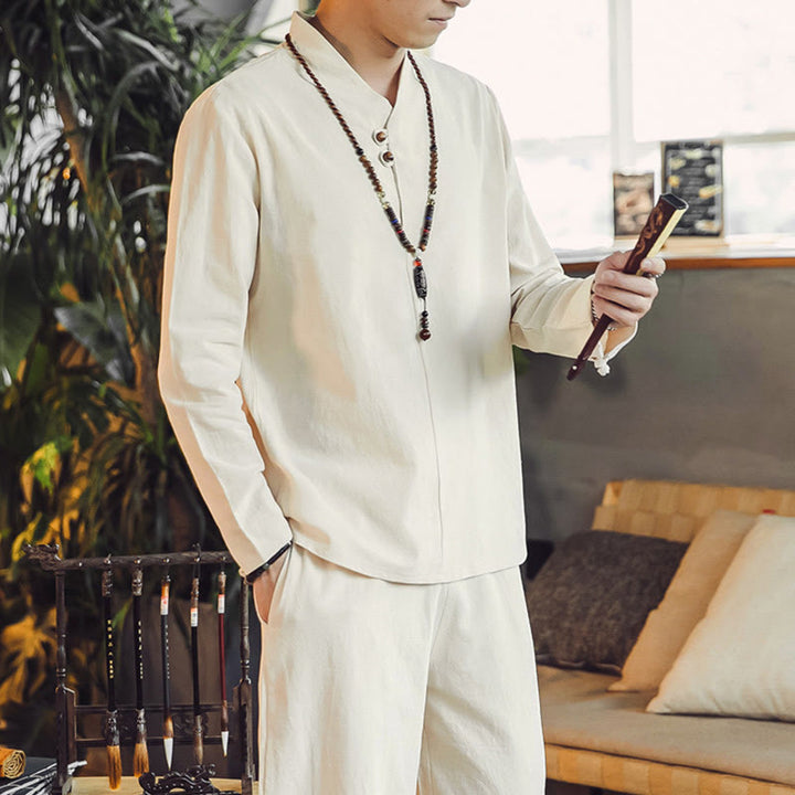 Conjunto de 2 piezas de camisa de algodón con Buddha Stones y pantalones hasta los tobillos con bolsillos para hombre. - image 4