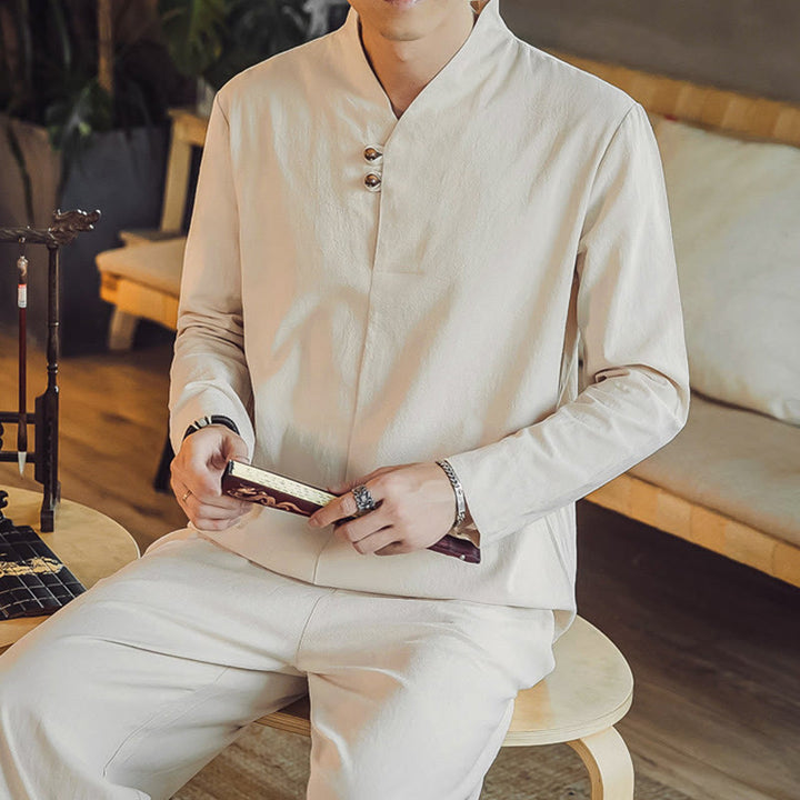 Conjunto de 2 piezas de camisa de algodón con Buddha Stones y pantalones hasta los tobillos con bolsillos para hombre. - image 9