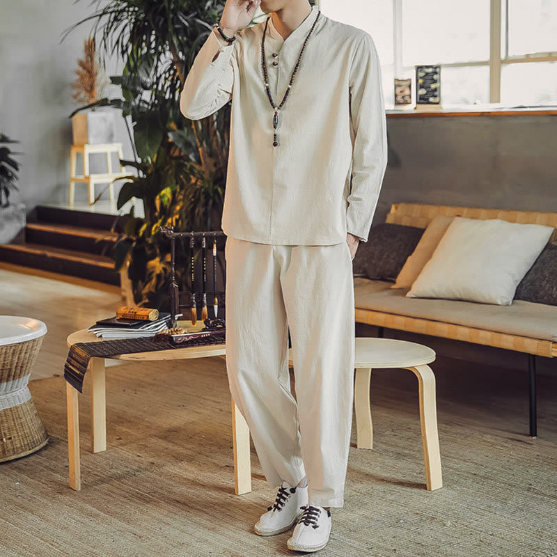 Conjunto de 2 piezas de camisa de algodón con Buddha Stones y pantalones hasta los tobillos con bolsillos para hombre. - image 2