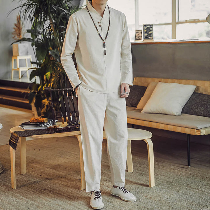 Conjunto de 2 piezas de camisa de algodón con Buddha Stones y pantalones hasta los tobillos con bolsillos para hombre. - image 3
