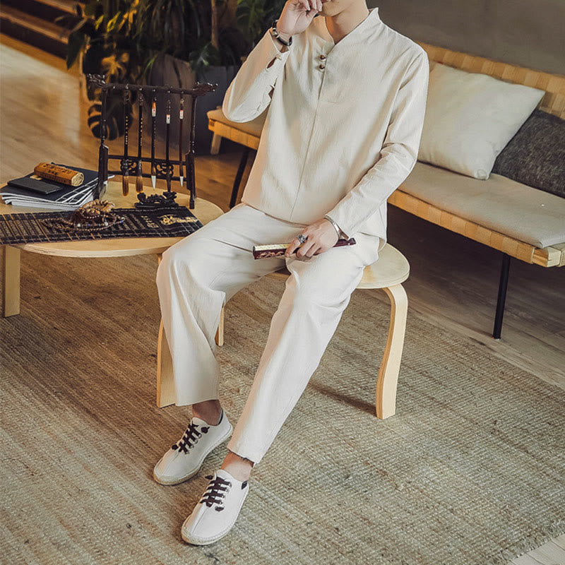 Conjunto de 2 piezas de camisa de algodón con Buddha Stones y pantalones hasta los tobillos con bolsillos para hombre. - image 4
