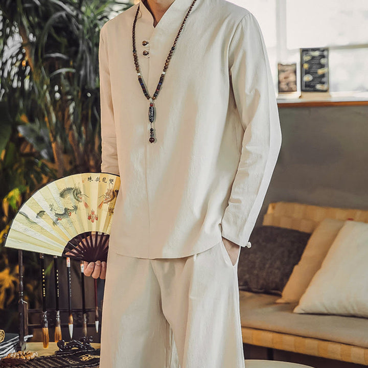 Conjunto de 2 piezas de camisa de algodón con Buddha Stones y pantalones hasta los tobillos con bolsillos para hombre. - image 7