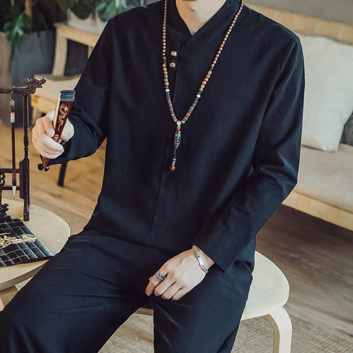 Conjunto de 2 piezas de camisa de algodón con Buddha Stones y pantalones hasta los tobillos con bolsillos para hombre. - image 15