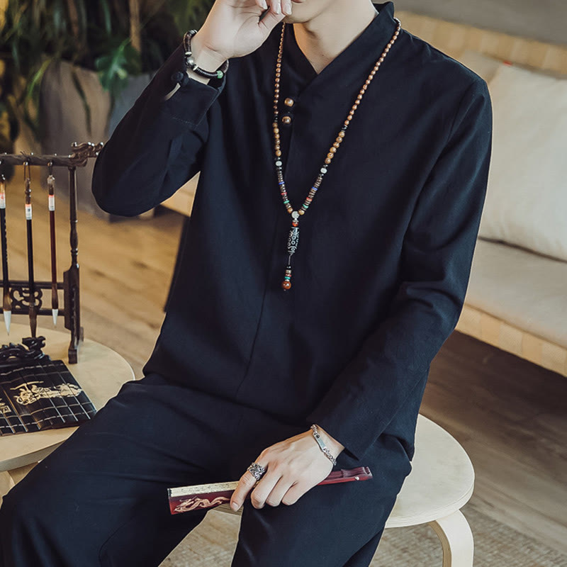 Conjunto de 2 piezas de camisa de algodón con Buddha Stones y pantalones hasta los tobillos con bolsillos para hombre. - image 17