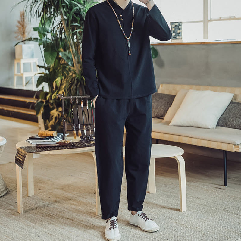 Conjunto de 2 piezas de camisa de algodón con Buddha Stones y pantalones hasta los tobillos con bolsillos para hombre. - image 10