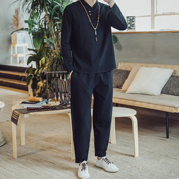 Conjunto de 2 piezas de camisa de algodón con Buddha Stones y pantalones hasta los tobillos con bolsillos para hombre. - image 10