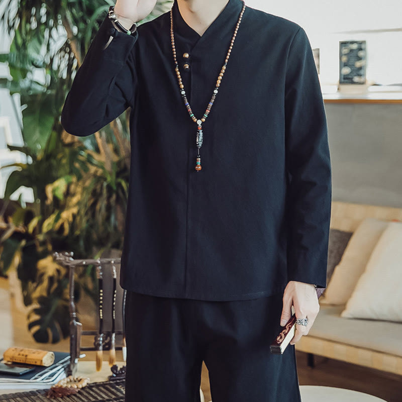 Conjunto de 2 piezas de camisa de algodón con Buddha Stones y pantalones hasta los tobillos con bolsillos para hombre. - image 17