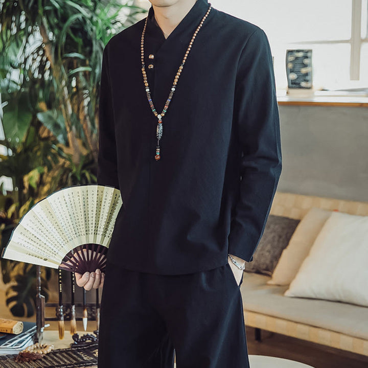 Conjunto de 2 piezas de camisa de algodón con Buddha Stones y pantalones hasta los tobillos con bolsillos para hombre. - image 16