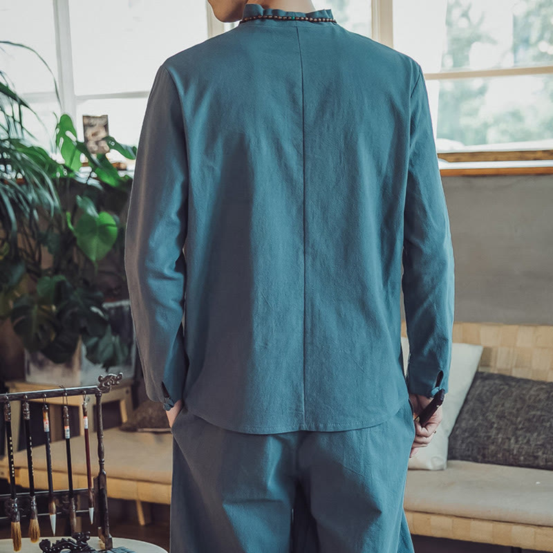 Conjunto de 2 piezas de camisa de algodón con Buddha Stones y pantalones hasta los tobillos con bolsillos para hombre. - image 24