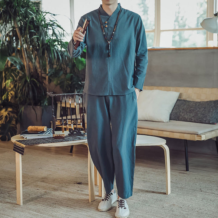 Conjunto de 2 piezas de camisa de algodón con Buddha Stones y pantalones hasta los tobillos con bolsillos para hombre. - image 20