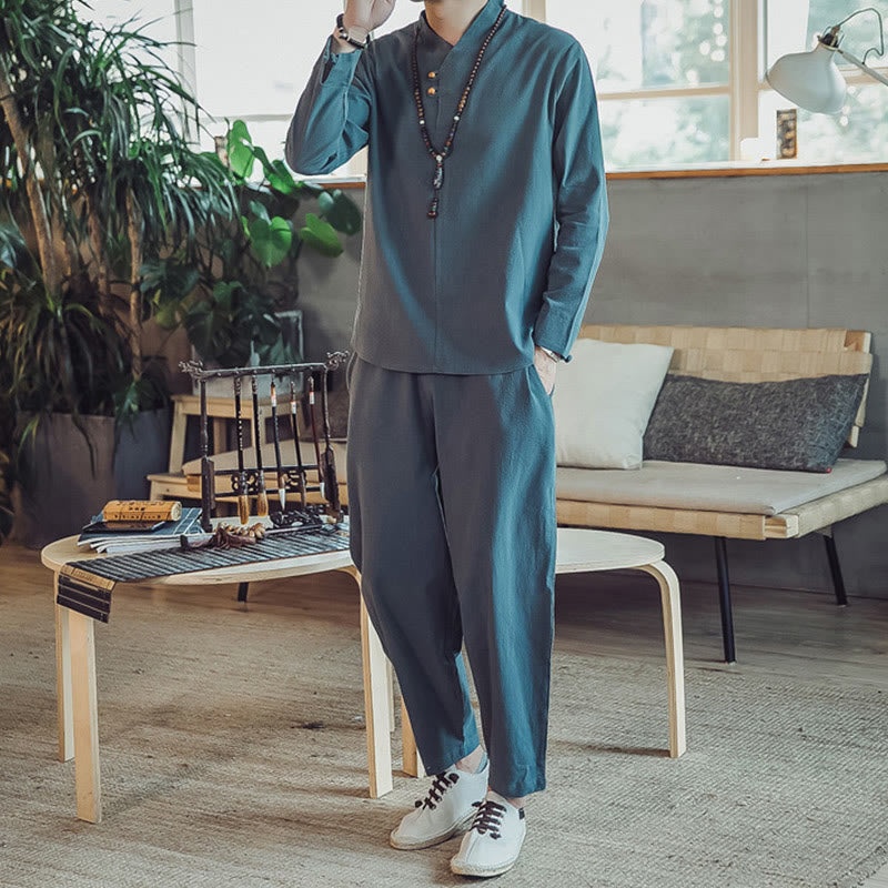 Conjunto de 2 piezas de camisa de algodón con Buddha Stones y pantalones hasta los tobillos con bolsillos para hombre. - image 22