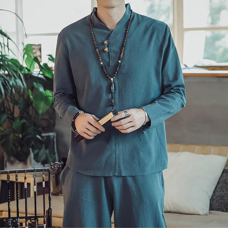 Conjunto de 2 piezas de camisa de algodón con Buddha Stones y pantalones hasta los tobillos con bolsillos para hombre. - image 23