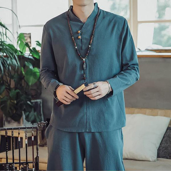 Conjunto de 2 piezas de camisa de algodón con Buddha Stones y pantalones hasta los tobillos con bolsillos para hombre. - image 23