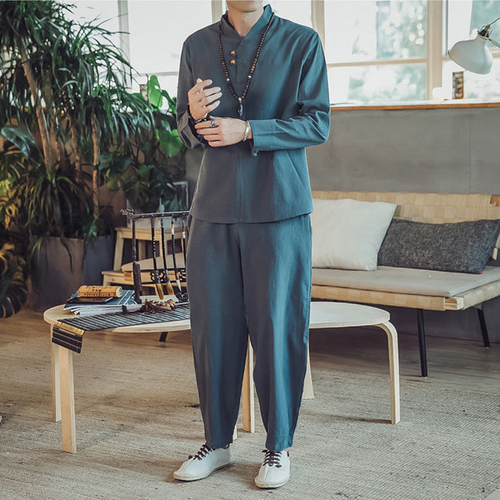 Conjunto de 2 piezas de camisa de algodón con Buddha Stones y pantalones hasta los tobillos con bolsillos para hombre. - image 21