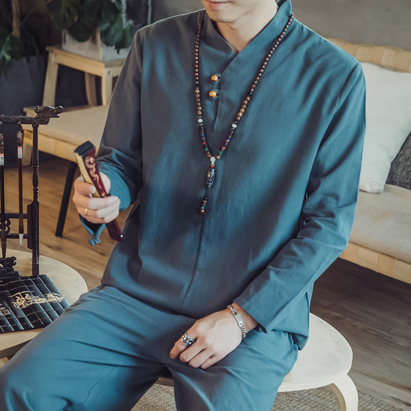 Conjunto de 2 piezas de camisa de algodón con Buddha Stones y pantalones hasta los tobillos con bolsillos para hombre. - image 25