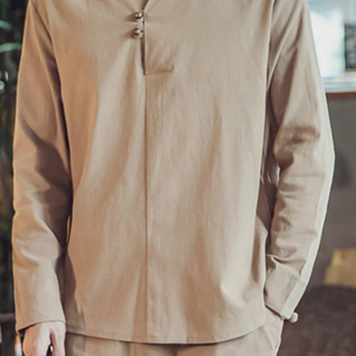 Conjunto de 2 piezas de camisa de algodón con Buddha Stones y pantalones hasta los tobillos con bolsillos para hombre. - image 34