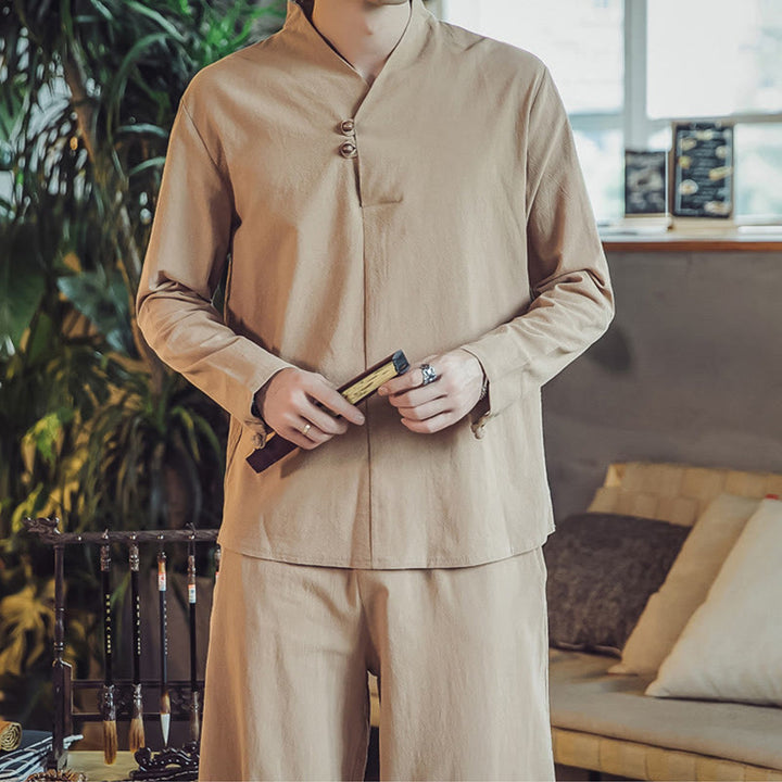 Conjunto de 2 piezas de camisa de algodón con Buddha Stones y pantalones hasta los tobillos con bolsillos para hombre. - image 32