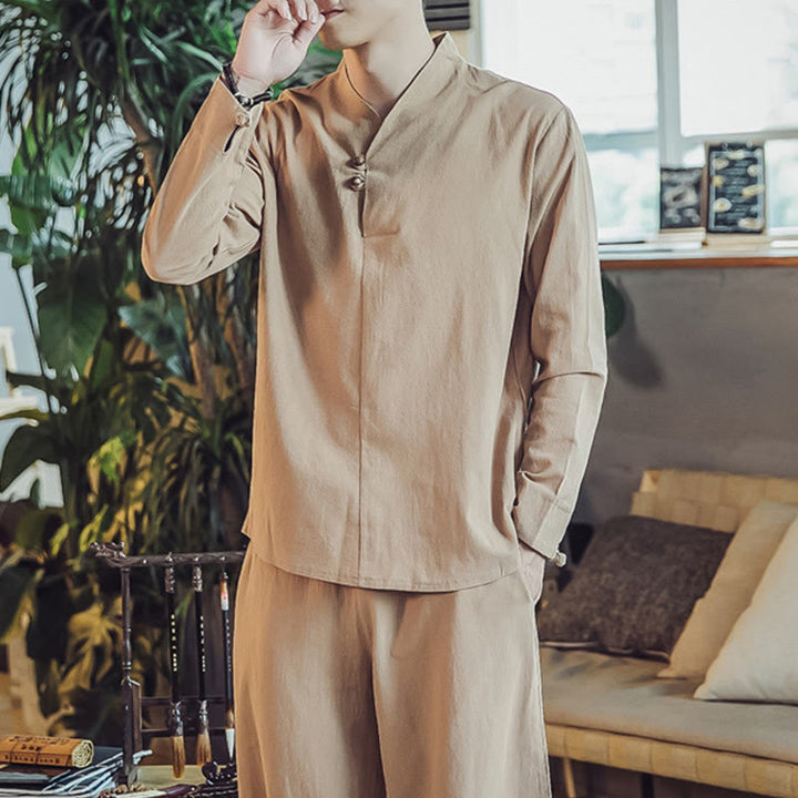 Conjunto de 2 piezas de camisa de algodón con Buddha Stones y pantalones hasta los tobillos con bolsillos para hombre. - image 30