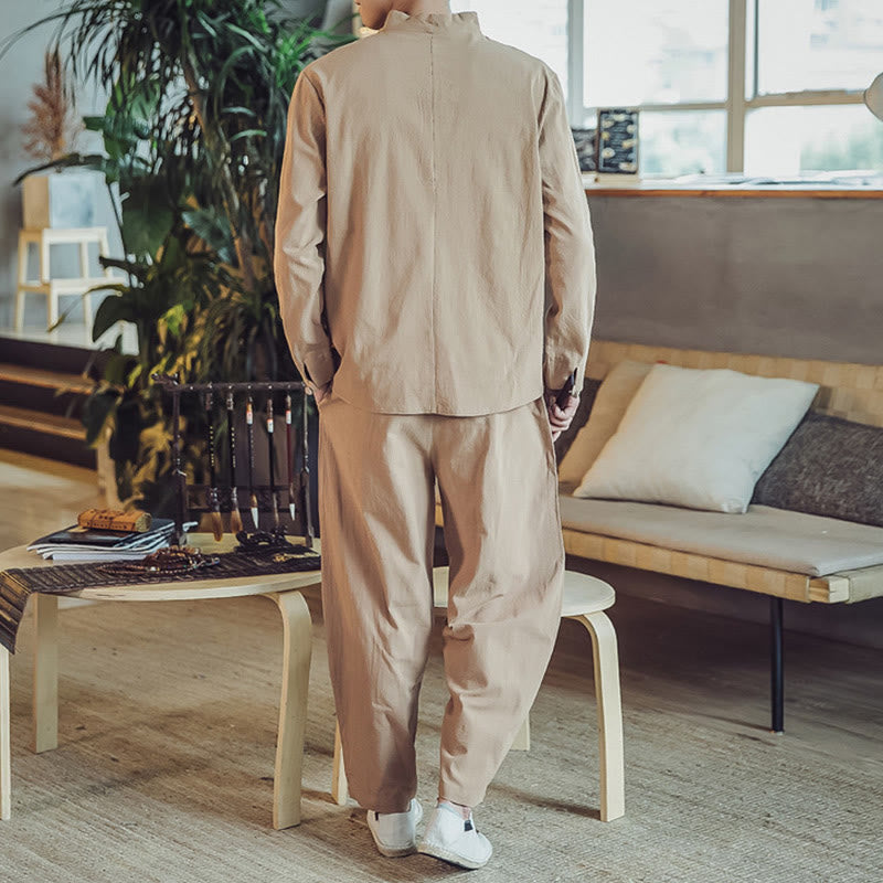 Conjunto de 2 piezas de camisa de algodón con Buddha Stones y pantalones hasta los tobillos con bolsillos para hombre. - image 28