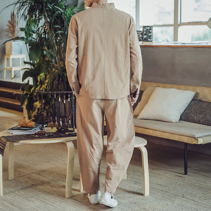 Conjunto de 2 piezas de camisa de algodón con Buddha Stones y pantalones hasta los tobillos con bolsillos para hombre. - image 28