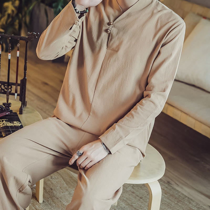 Conjunto de 2 piezas de camisa de algodón con Buddha Stones y pantalones hasta los tobillos con bolsillos para hombre. - image 33