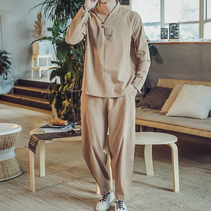 Conjunto de 2 piezas de camisa de algodón con Buddha Stones y pantalones hasta los tobillos con bolsillos para hombre. - image 27