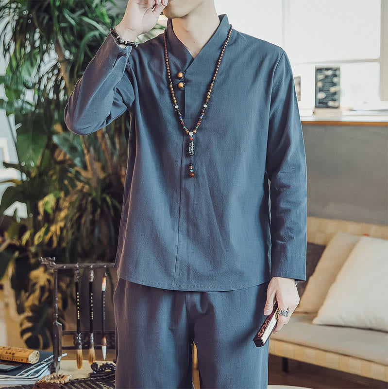 Conjunto de 2 piezas de camisa de algodón con Buddha Stones y pantalones hasta los tobillos con bolsillos para hombre. - image 39