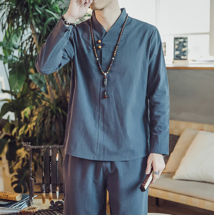 Conjunto de 2 piezas de camisa de algodón con Buddha Stones y pantalones hasta los tobillos con bolsillos para hombre. - image 39