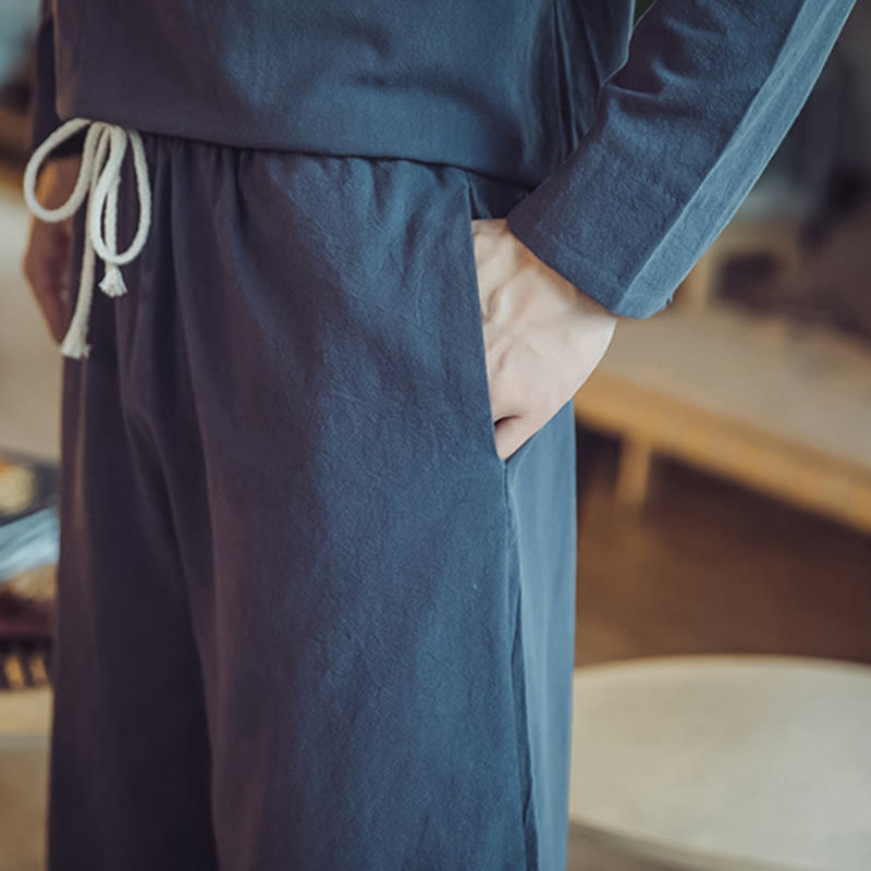 Conjunto de 2 piezas de camisa de algodón con Buddha Stones y pantalones hasta los tobillos con bolsillos para hombre. - image 47