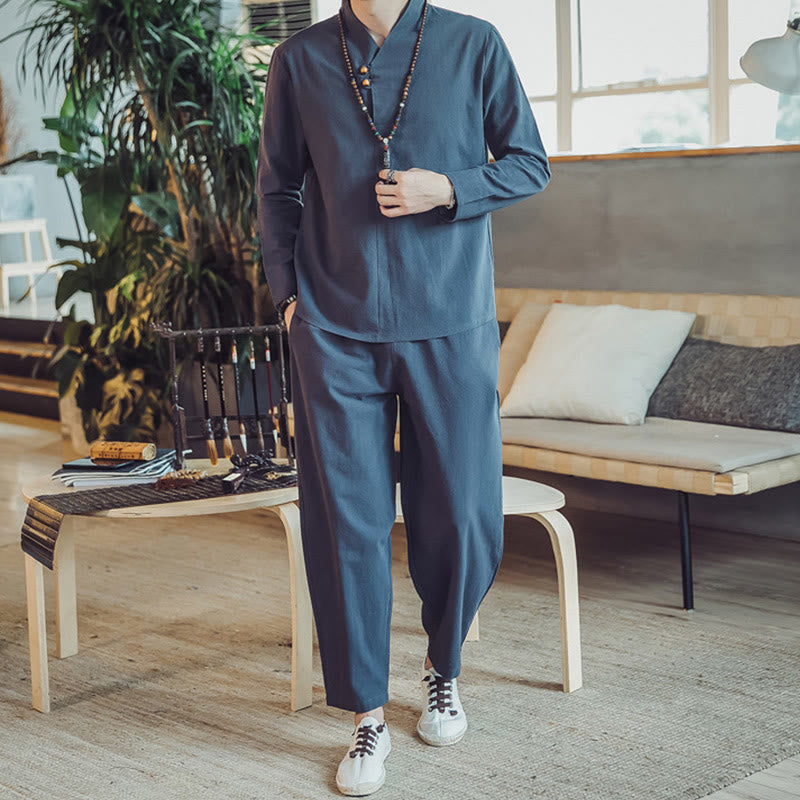 Conjunto de 2 piezas de camisa de algodón con Buddha Stones y pantalones hasta los tobillos con bolsillos para hombre. - image 36