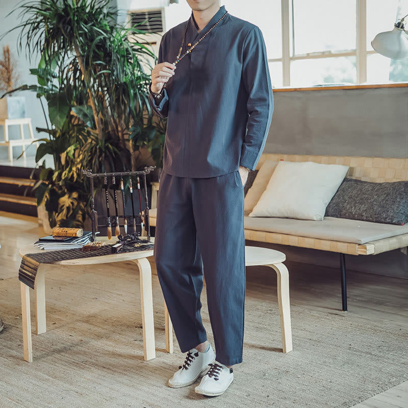 Conjunto de 2 piezas de camisa de algodón con Buddha Stones y pantalones hasta los tobillos con bolsillos para hombre. - image 37
