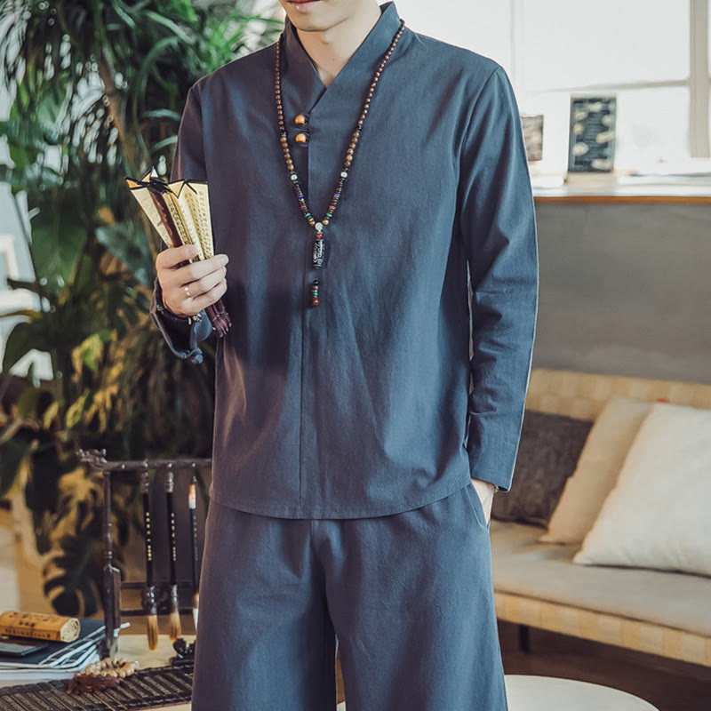 Conjunto de 2 piezas de camisa de algodón con Buddha Stones y pantalones hasta los tobillos con bolsillos para hombre. - image 43