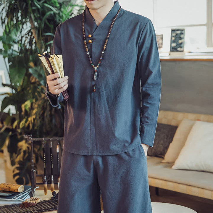 Conjunto de 2 piezas de camisa de algodón con Buddha Stones y pantalones hasta los tobillos con bolsillos para hombre. - image 43