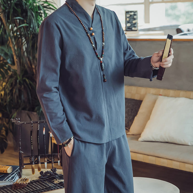 Conjunto de 2 piezas de camisa de algodón con Buddha Stones y pantalones hasta los tobillos con bolsillos para hombre. - image 40