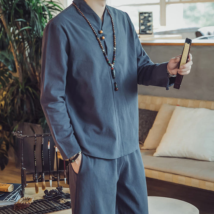 Conjunto de 2 piezas de camisa de algodón con Buddha Stones y pantalones hasta los tobillos con bolsillos para hombre. - image 40